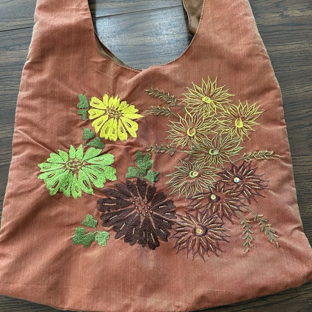 Handmade Beaded Boho Embroidered Hobo Bag‎ Terracotta Tote Floral 70's Vibe